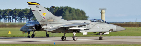 As the last of the four to land 111 Squadron Tornado F.3 ZE961/HB brings up the rear as the aircraft taxi back in front of the crowd at the end of the show.