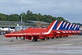 Lined up, powered down and with only the pilot at the end of the Red Arrows line-up still to open his cockpit with the display over