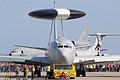 The handling crews carefully remove 8 Squadron Boeing Sentry AEW.1 ZH102/02 from the static line-up to fly on Saturday afternoon