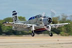 A-1E Skyraider landing, providing a nice view of its rocket hardpoints and pylons