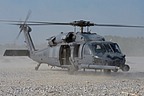 A view from the stony dry bed of the river before boarding the Pave Hawk