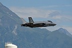 F-35A 15-5173, sporting the "Rams" emblem at the top of the tail, performs a low fly-past. 