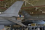 Tails of the two F-16CMs on display in the Hangar for the Astral Knight 2021 media day, both of them having the new 'Have Glass V' paint scheme