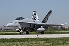 The FliegerStaffel 11 F-18C Hornet J-5011 with its tiger tails made a welcome return