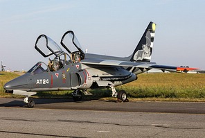 Belgian Air Force Alpha Jet E AT24 in 100 years 11 Squadron anniversary special c/s with 190,000 hours and 40 years since the Alpha Jet took over from the silhouetted Magister and T-33