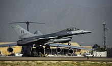 An 555th EFS F-16, piloted by Brig. Gen. Jim Sears, takes off from Bagram Airfield, Afghanistan, May 22, 2017. Sears served as the commander of the 455th Air Expeditionary Wing for the previous 12 months and soon departed Afghanistan to continue his Air Force career. (U.S. Air Force photo by Staff Sgt. Benjamin Gonsier)