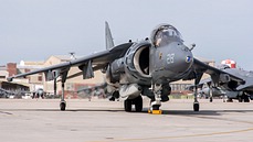 Dramatic frontal view of the V/STOL AV-8B Harrier II Night Attack version.